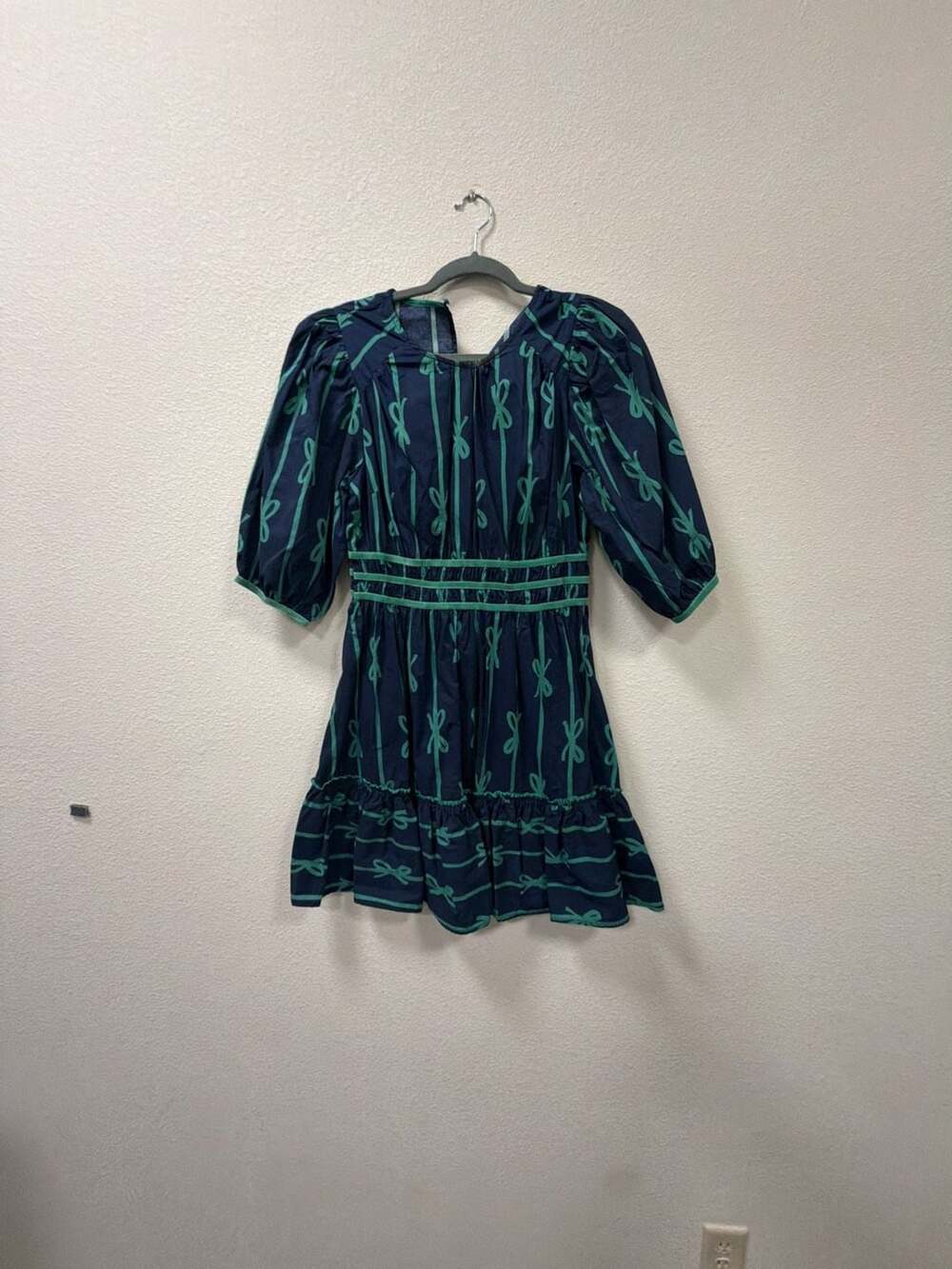 Umgee Bow Print Dress Size S Navy Green Mini Ruffle
